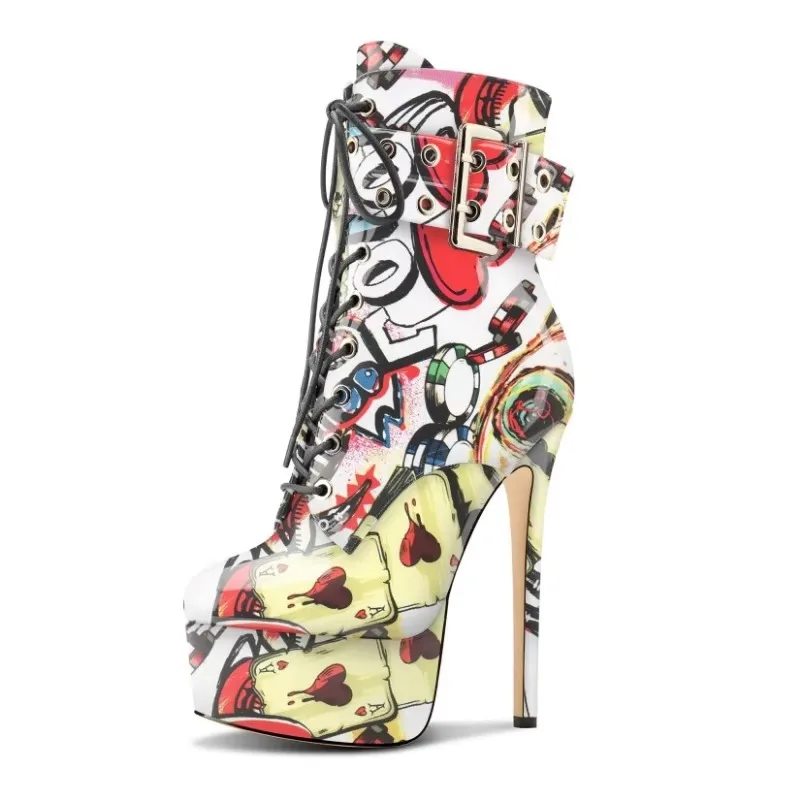 Sexy Leopard Print Ankle Boots, Chunky Heel & Platform, Front Lace-Up with Buckle Strap, Stylish Stage Catwalk Shoes for Women