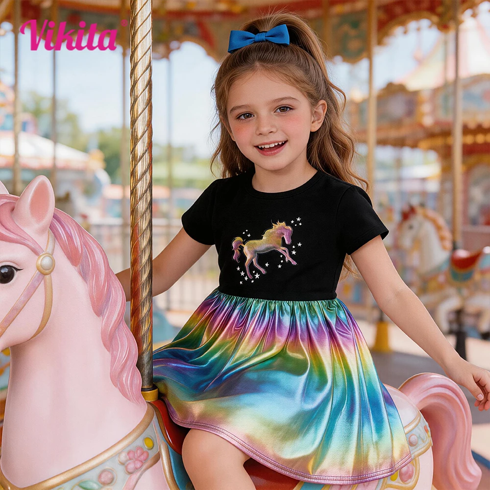Girls Unicorn Short Sleeve Summer Dress Kids Gradient Glitter Metallic Polyester Daily Casual Carnival Princess Party Clothes