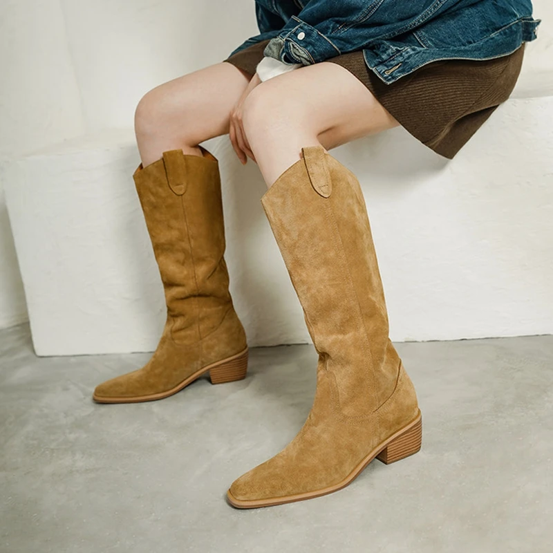 NEW Autumn/Winter Western Boots Cow Suede Leather Shoes Women Square Toe Chunky Heel Shoes Slip-on Long Boots Retro Daily Shoes