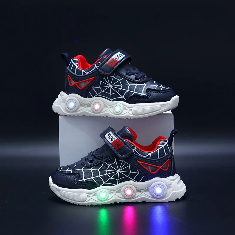 Disney LED Casual Sneakers Red Black For Spring Boys Spiderman Leather Outdoor Shoes Children Lighted Non-slip Shoes Size 21-30