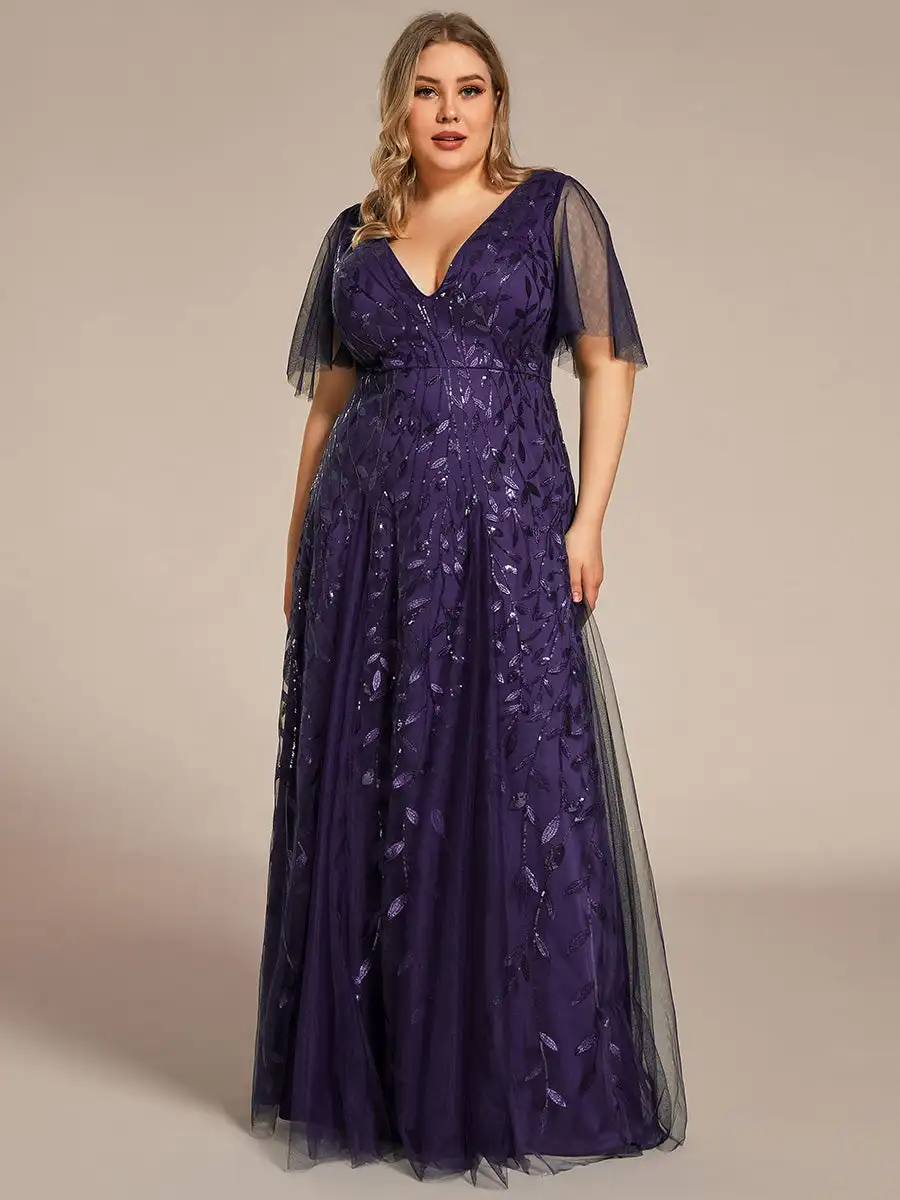 Vestidos de noche de talla grande con cuello en V profundo y mangas cortas 2025 Ever Pretty of Dark Purple Shimmery vestido de dama de honor con lentejuelas