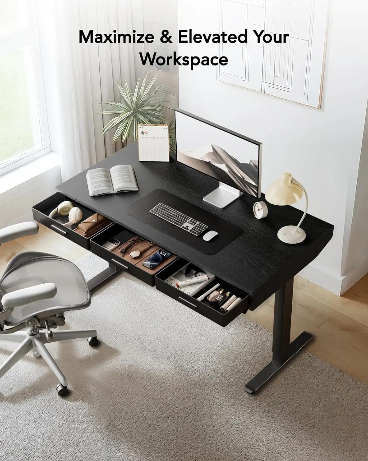 Electric Standing Desk Fabric Drawers C-Clamp Mount 55x28 Inch Height Adjustable 4 Memory Settings Home Office Black Customized