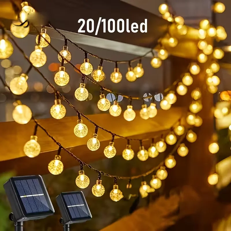 أضواء خارجية تعمل بالطاقة الشمسية 20/50/100 LED | أضواء سلسلة كروية ملونة دافئة مع 8 أوضاع إضاءة، لحفلات الزفاف في شجرة الحديقة #1