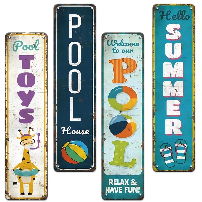 2D Flat, 4pcs Humorous Metal Signs Featuring Pool Rules And Summer Sayings, Designed With Flat 2D Printing. These Vintage
