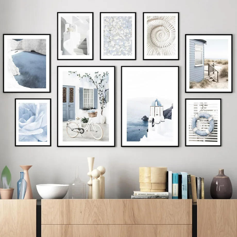 

Blue Rose Flower Santorini Step Ocean White Bike Wall Art Canvas Decorative Living Room Poster Print