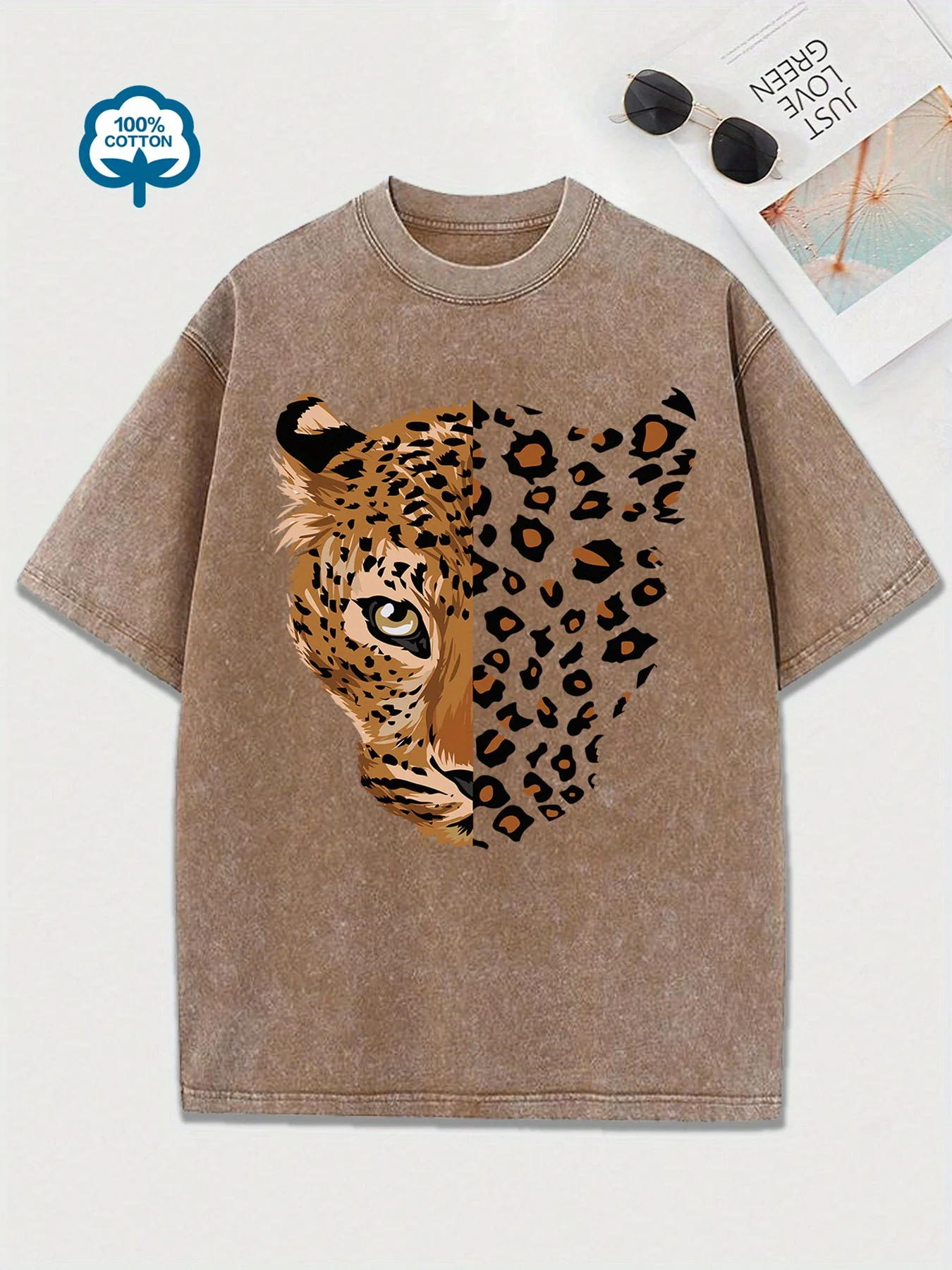 Washed Cotton T-shirt Women's Leopard Tiger Cartoon Print Short Sleeve T Shirt Graphic Tee Round Neck Top Casual Vintage