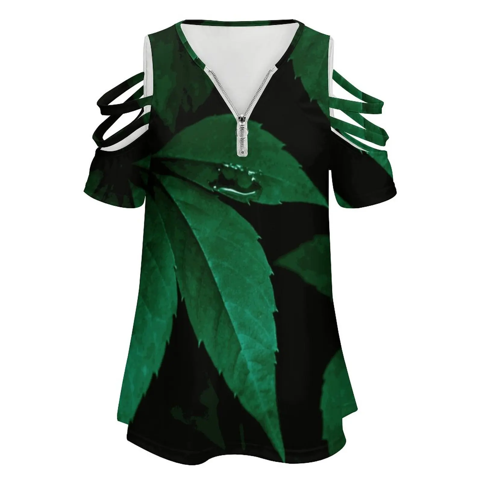 Dark Leaves 7 Women's T-Shirt New Fashion Printed Zipper V-Neck Short Sleeve T Shirts Casual Plus Size Sheet Leaves Green