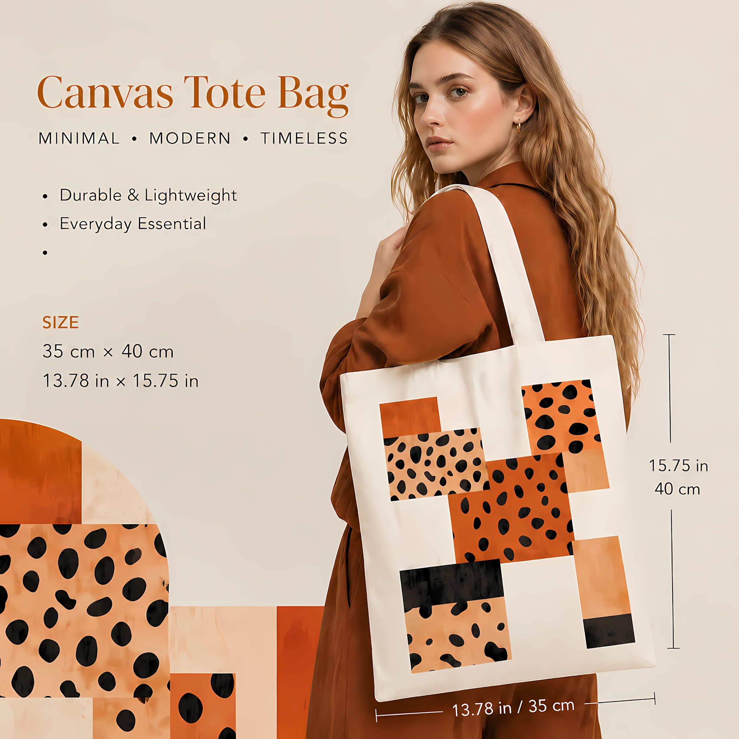 Modern Polka Dot Geometric Canvas Tote Bag, Artistic Patchwork Reusable Grocery Bag, Durable Sustainable Handbag