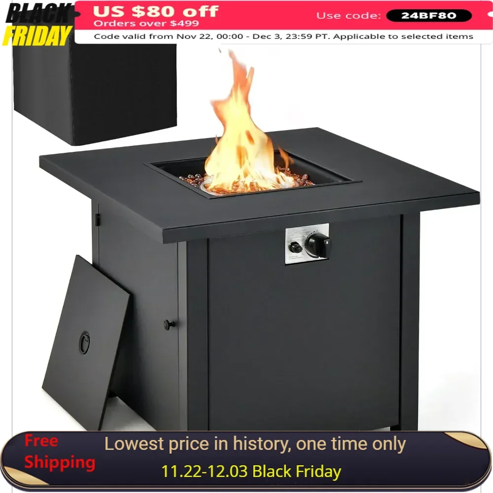 

32 Inch Fire Pit Table, Fire Glasses & PVC Protective Cover, Simple Ignition System, 50,000 BTU, Square Propane Fire Pit Table