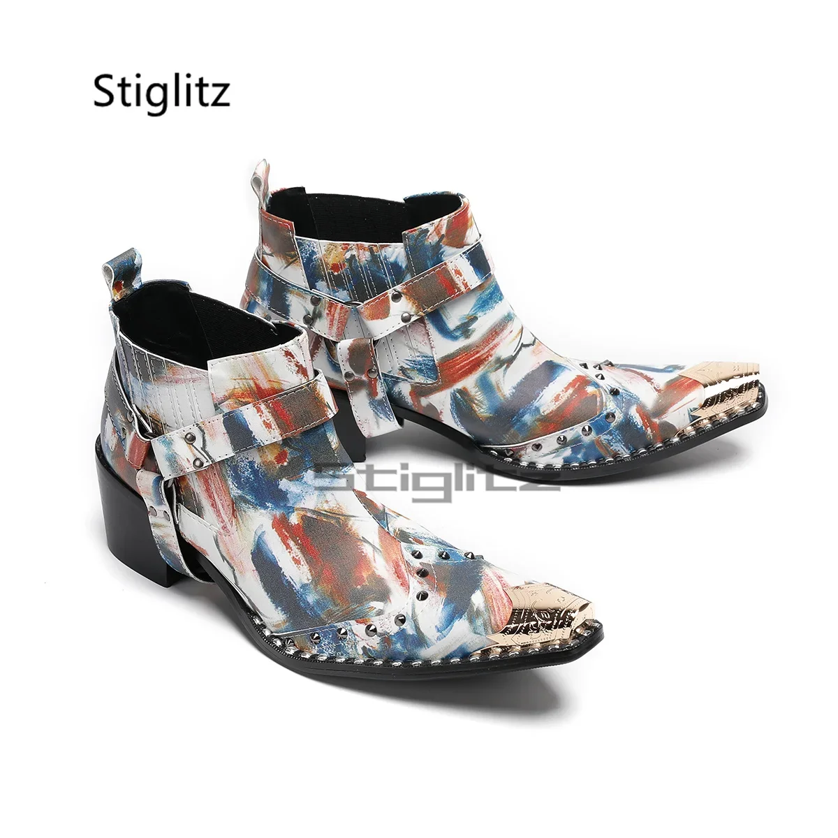 Prints Graffiti Chelsea Boots for Men Metal Buckle High Heels Ankle Boots Punk Rivet Genuine Leather Shoes Business Runway Shoes