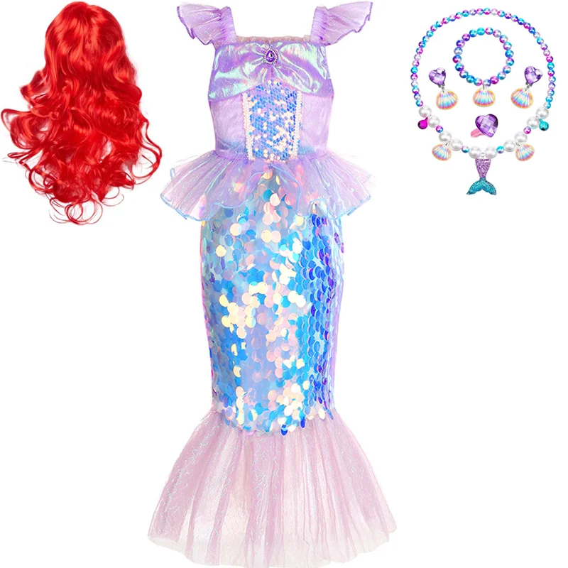 

Girls Flutter Sleeve Princess Dress Little Mermaid Costume For Kids Halloween Birthday Carnival Party Fairy Tale Fancy Clothes