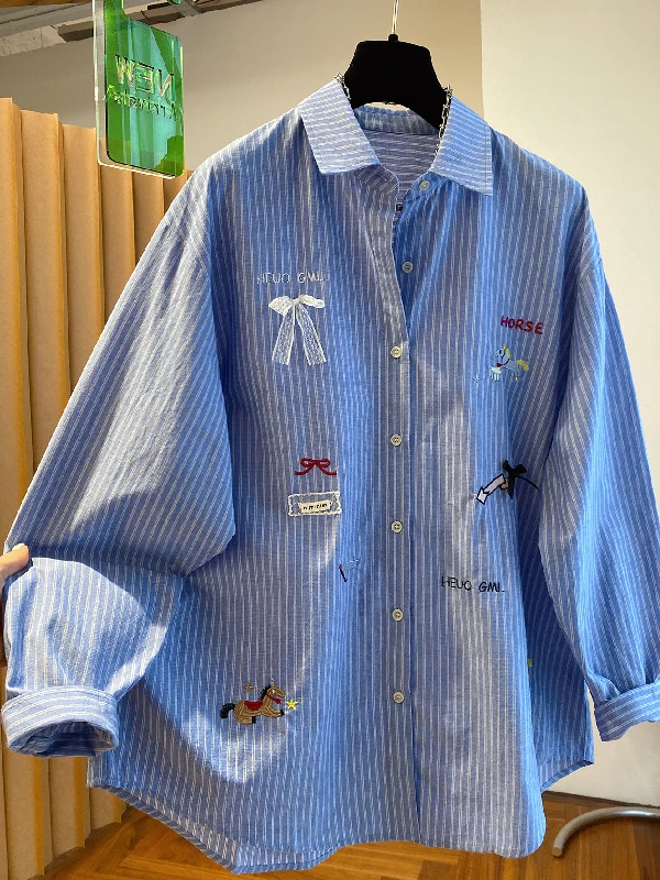 

plus Size Women's Shirt Knot Embroidered Stripes Thin Sun Protection Spring Summer Korean Style Loose Fit Long Sleeve