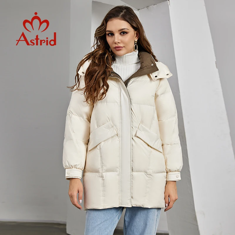 Astrid Women\'s Winter Jacket Hooded Contrast Color Mid-Long Parkas Padding Puffer Quilted Coat Down Jacket Thick Female Clothing