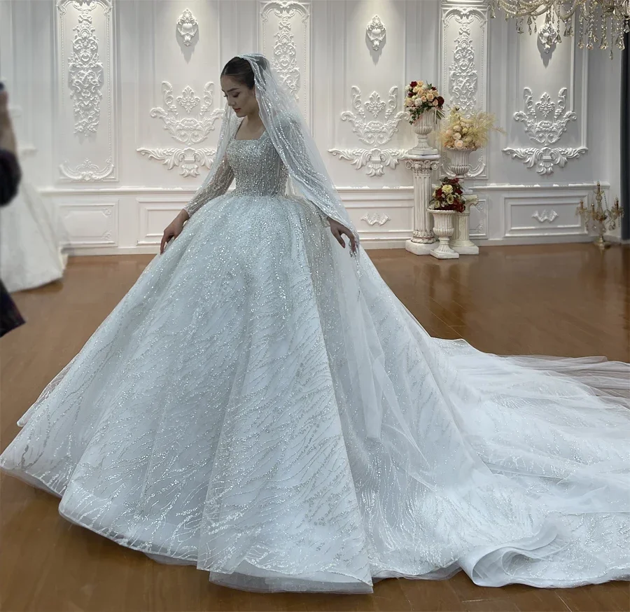 

Luxury Beaded Ball Gown Wedding Dress Shiny Square Neck Chapel Bridal Gown for Women's Vestidos De Novia Customized