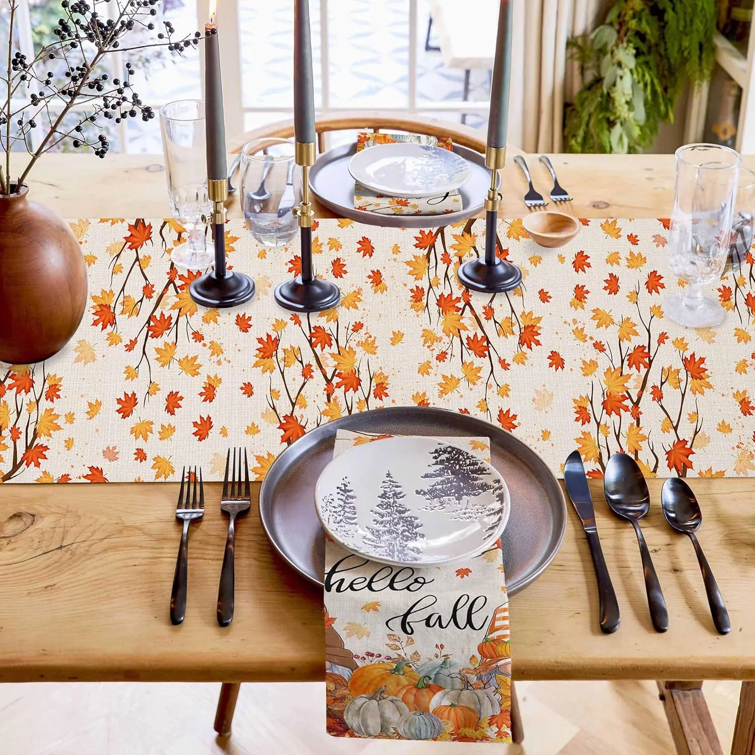 Autumn Gnome Pumpkin Thanksgiving Linen Table Runner Hello Fall Maple Leaf Table Runner Holiday Party Kitchen Dining Table Decor