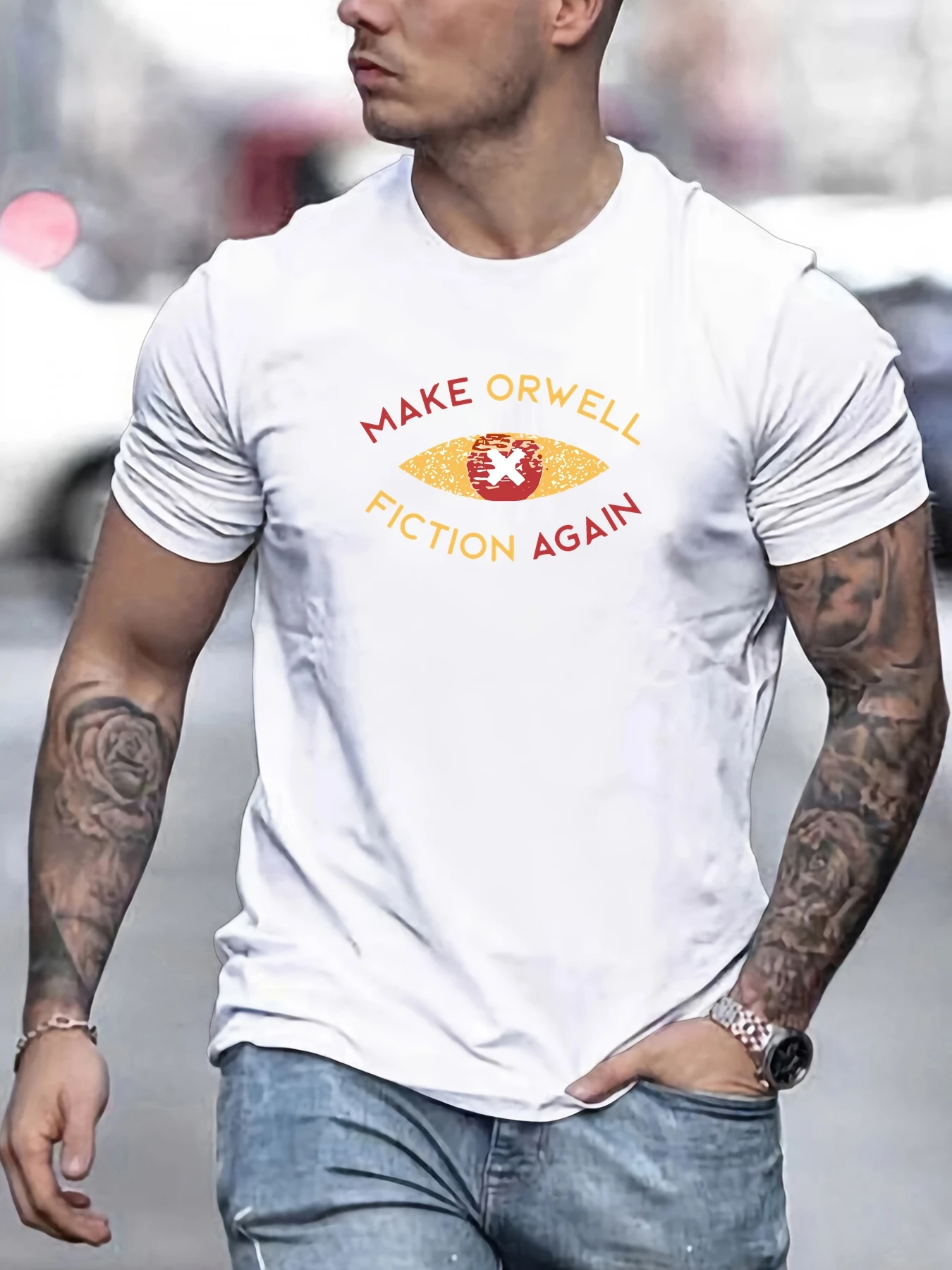 

2025 Men's T-Shirt Make Orwell Fiction Again Dystopian Eye Graphic Edgy Cultural Casual Soft Breathable Trendy Daily Streetwear