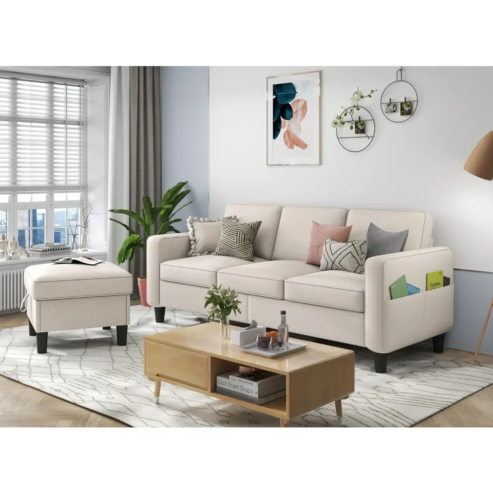 Sectional sofa: L-shaped sofa with storage ottoman - beige sofa 3-seater furniture set modern linen futon sofa bed