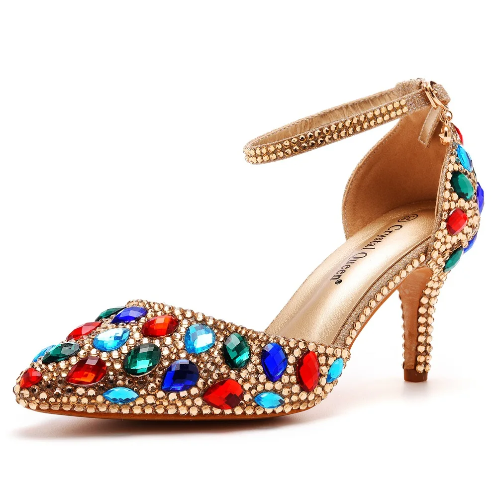 Ladies Shoes High Quality Sandals Pumps Colored Rhinestone PU 7.5CM Thin Heels Multicolour Evening Dress Woman Shoes White