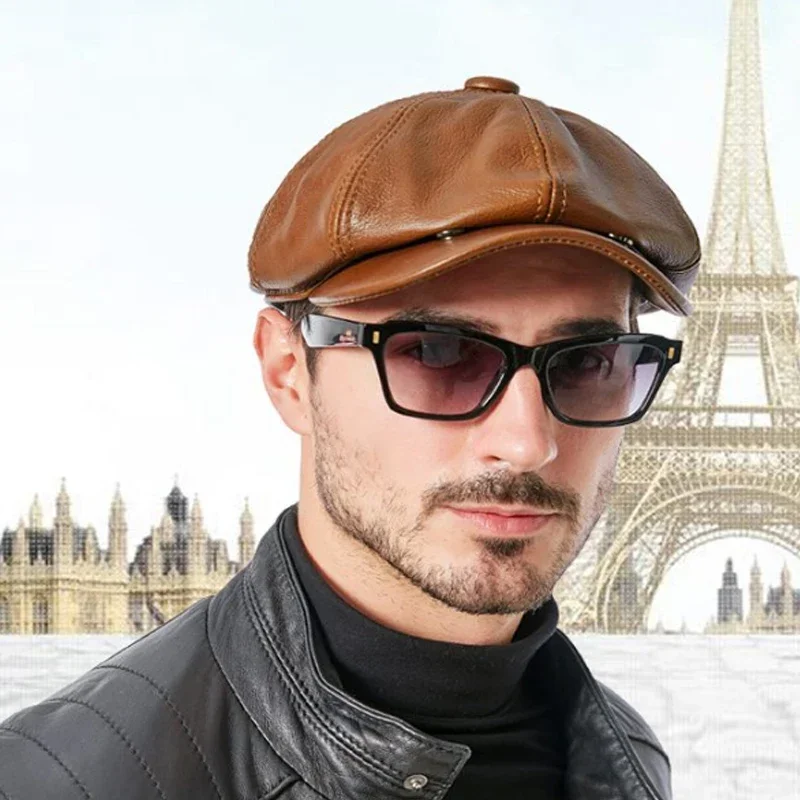 New 2024 Retro Brown Beret Hats For Men American/British Autumn/Winter Genuine Leather Octagonal Caps Painter  Bonia