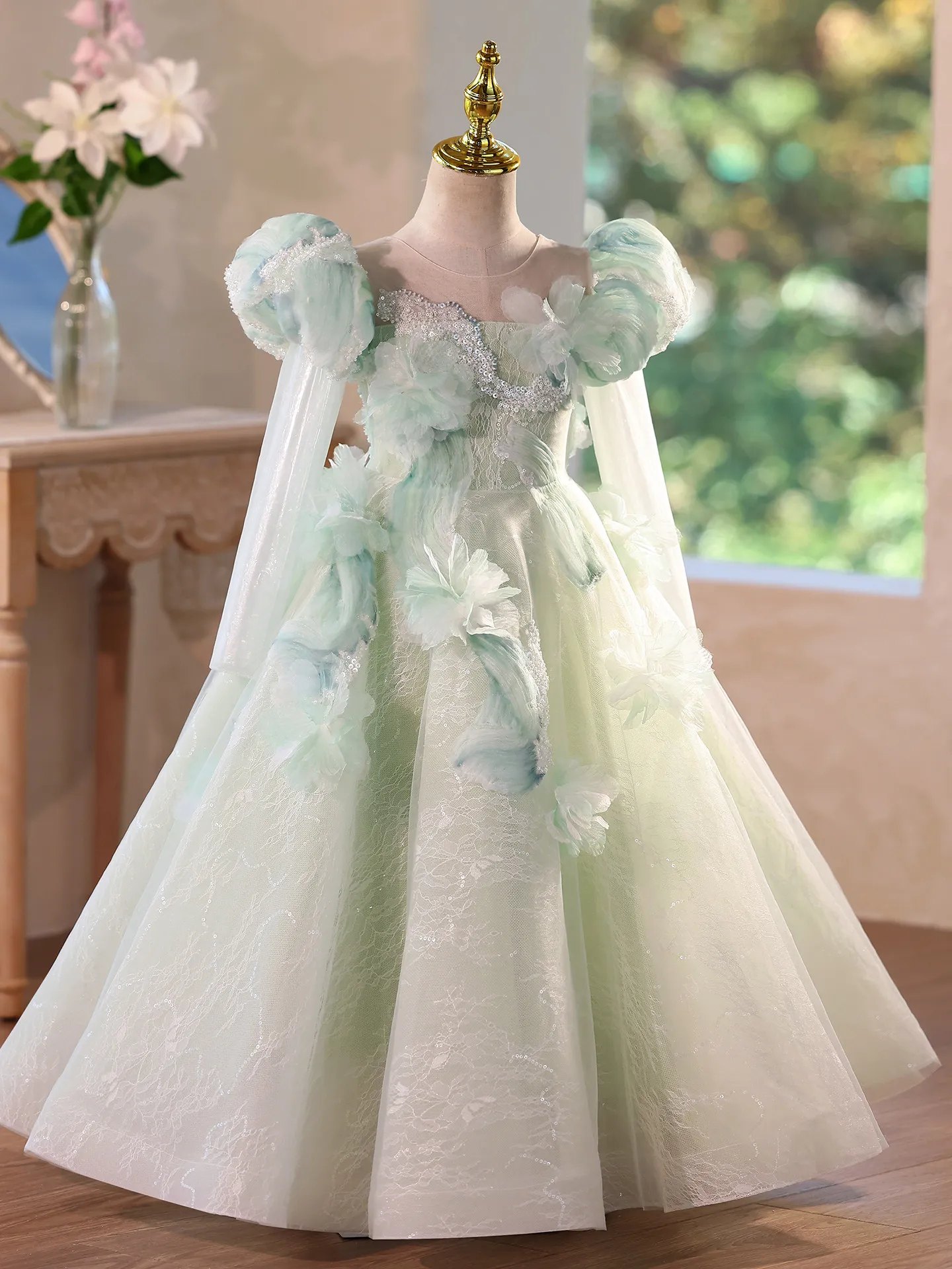 Kids Girls Long Sleeve Princess Party Dress Host Piano Performance Pageant Formal Evening Gowns Children Birthday Celebration