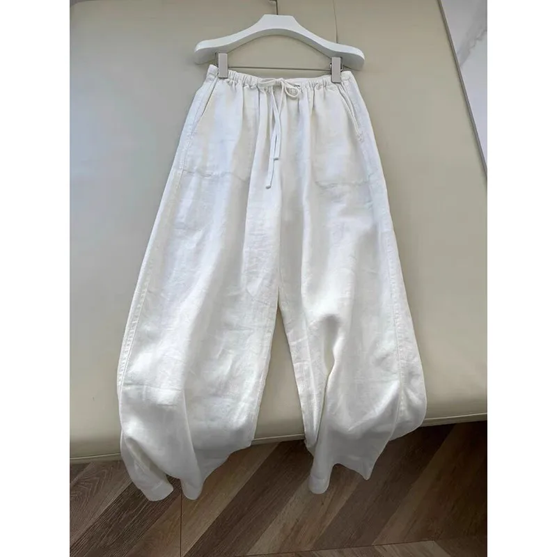 

New Spring Autumn Arts Style Drawstring Design Elastic Waist Loose Length Pants Solid Casual Cotton Linen Women Wide Leg Pants