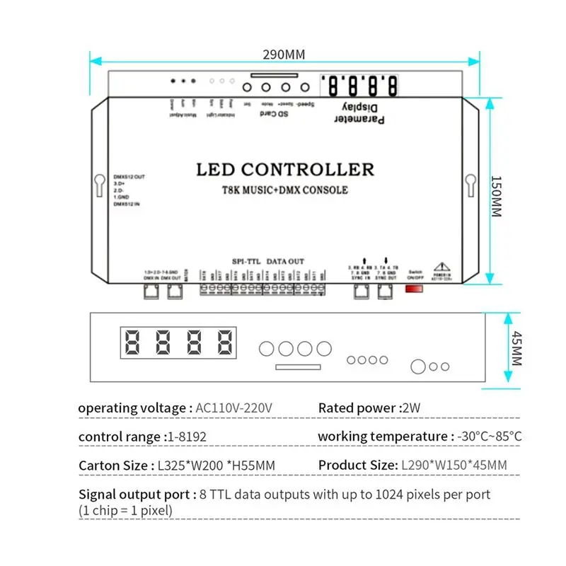 A36T-T8K Music+DMX Console 8Channels Port With Mic In/Aux In SPI-TTL Led Strip Light Controller For WS2811 WS2812B