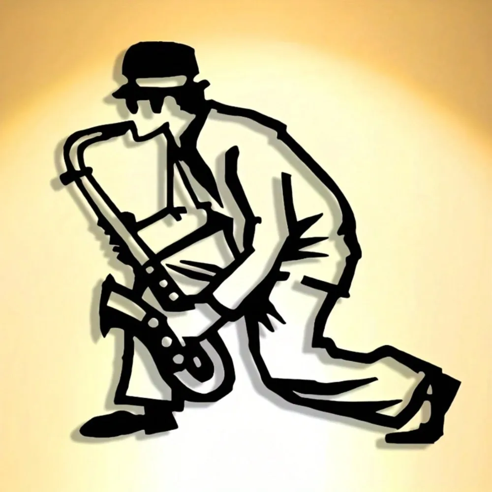 2D Flat Abstract Iron Wall Art, Vintage Trumpet Man Unique Cut Metal Plaque for Living Room Office Farmhouse Gift
