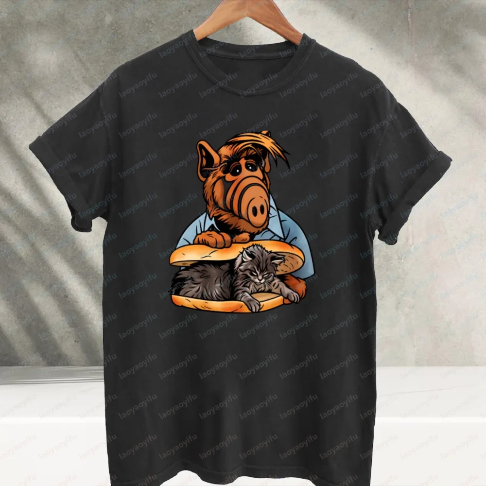 Retro 80s ALF Alien Life Form Funny Cat Sandwich Parody Graphic T‑Shirt Vintage Cartoon Kitten Bread Print Cotton Casual Tee Top