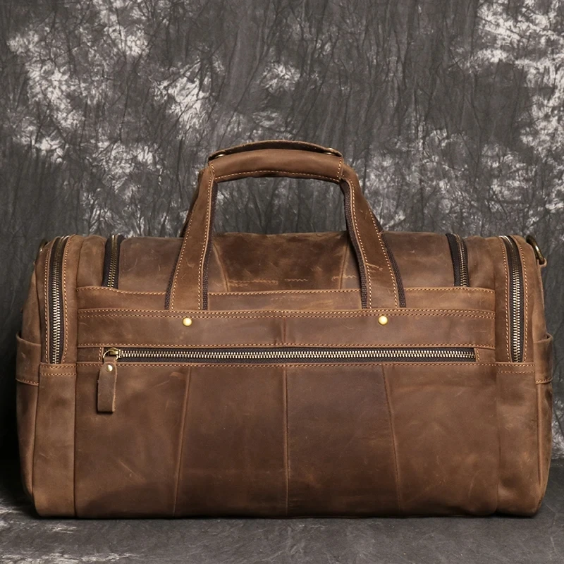 Retro Brown Men\'s Hand Luggage Bag Crazy Horse Leather Large Capacity Travel Bag Business Weekend One Shoulder Messenger Bag