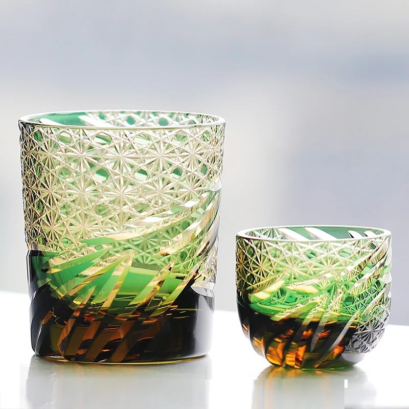 Hand Cut Amber Green Japanese Style Edo Kiriko Whiskey Glass Tumbler 240ml And Sake Shot Glass 60ml Set for Home Bar Decor