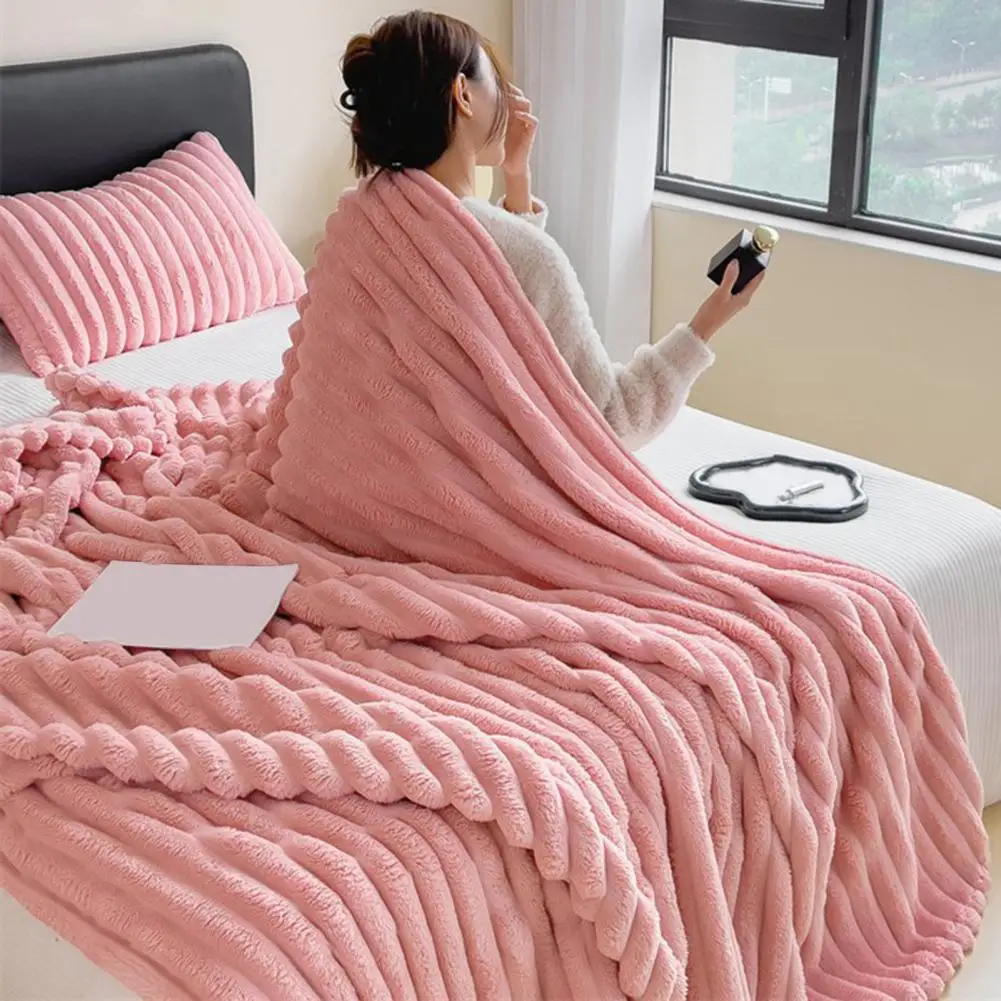 Summer AC Flannel Blanket Thickened Double-sided Plush Striped Office Nap Home Bed Sofa Travel Warm Winter Blanket