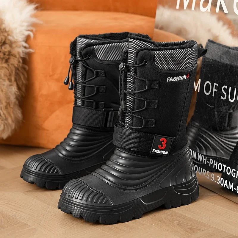 Men's Winter Snow Boots Fleece Lined  Anti-slip Thick Sole High Top Outdoor Warm Cold Weather Boots Adjustable Strap Plus Size