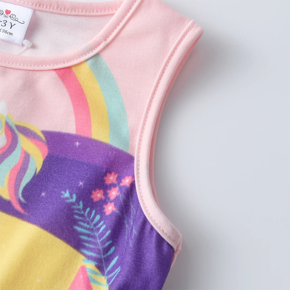 DXTON New Kids Princess Dress Sleeveless Toddler Cotton Clothing Licorne Rainbow Plants Printed Summer Holiday Children Dresses