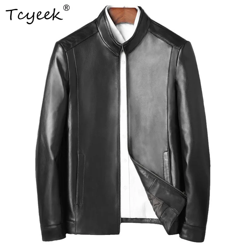 

Tcyeek из овчины, весна-осень, элитная модная черная короткая мужская куртка с воротником-стойкой Jaqueta De Couro Masculina