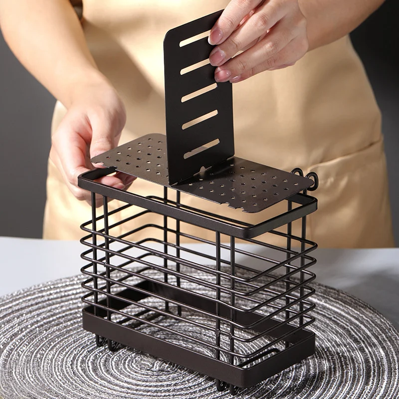 Wall-mounted Carbon Steel Chopsticks Cage Hollow Square Tableware Storage Tube Detachable Spoon Drain Rack Kitchen Storage Tools