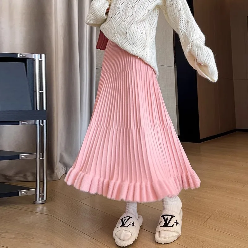 

Knitted Skirt for Women High Waist and Thin in Winter, Drape Feeling Fungus Splicing A-word Umbrella Skirt, Large Swing Skirt