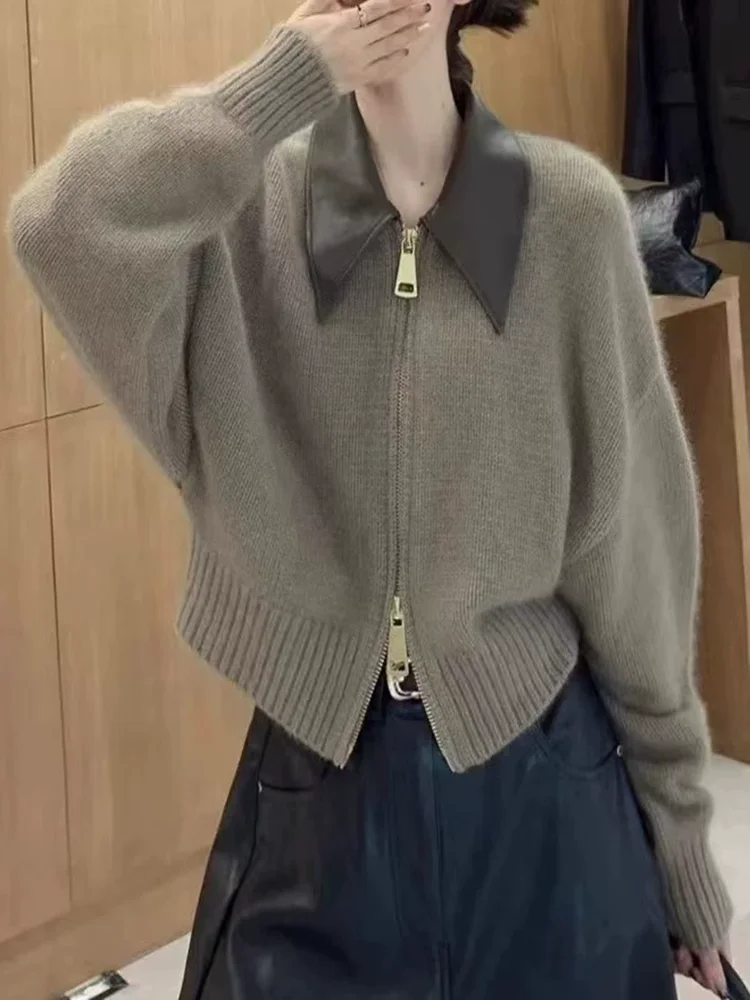 المرقعة التلبيب سستة سترة فضفاضة المرأة عادية بولو طوق محبوك سترة لينة سستة موضة تريكو جيليه