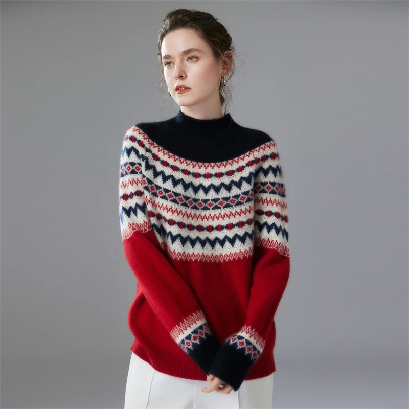 

Women Vintage Style 100% Cashmere Sweater Autumn Winter Faire Isle Jacquard Sweater Goat Cashmere Mock Neck Thick Pullover Top