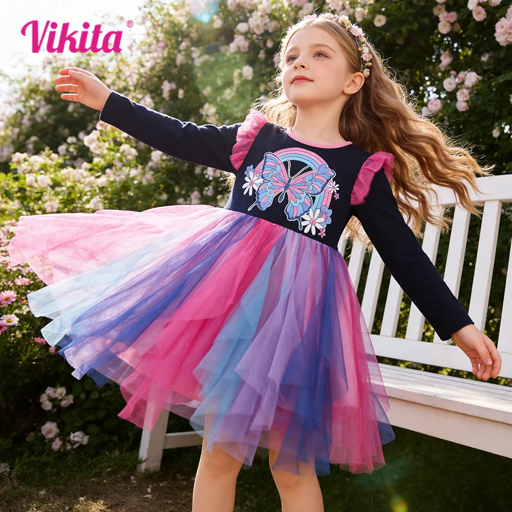 VIKITA Girls Butterfly Flower Print Long Sleeve Autumn Spring Multicolor Rainbow Irregular Dresses Kids Layered Tutu Party Dress