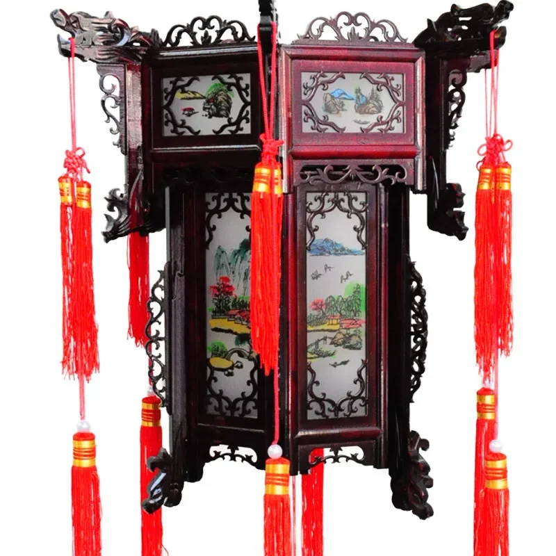 

Palace Lantern Carved Wooden Chinese Lantern Balcony Hexagonal Red Housewarming Outdoor Antique Decoracion China Tradicional 랜턴