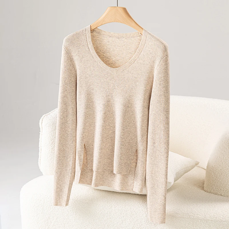 

Winter Warm Knitted Sweater Women Long Sleeve V-neck Solid Color Hem Split Basic Pullovers Casual Loose Cozy 6% Wool T-shirts