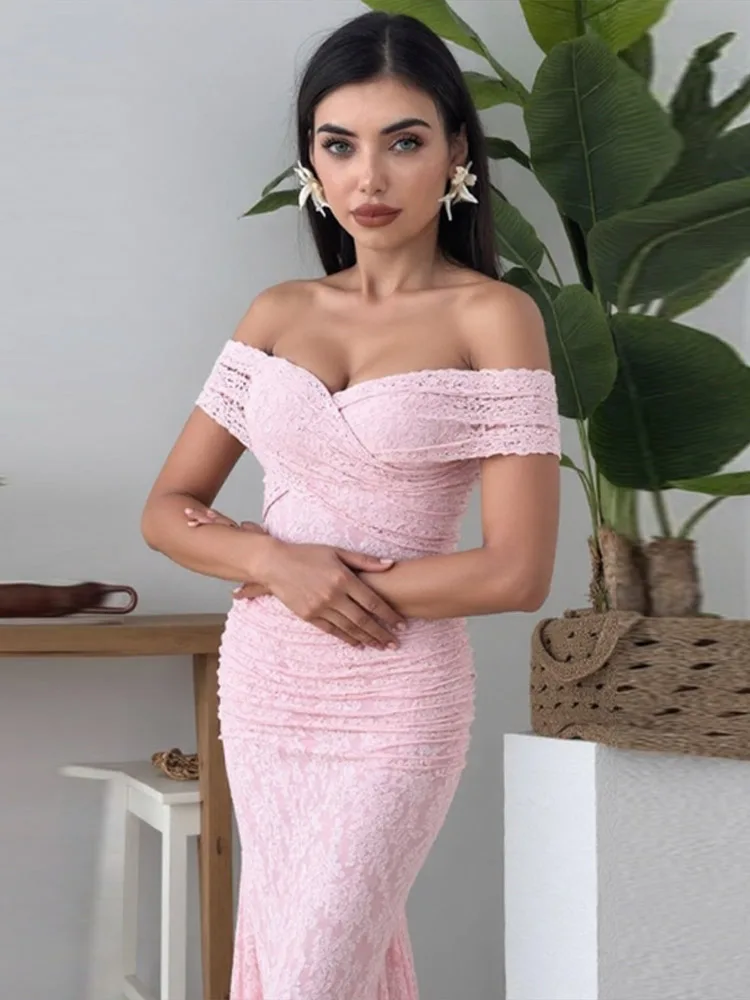 Maxivestidos de noche elegantes y elegantes de encaje para mujer, vestidos formales de noche con hombros descubiertos y sirena rosa para fiesta de graduación 2025