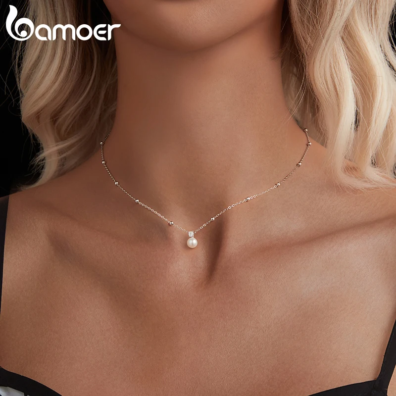 BAMOER Shiny Moissanite Pearl Pendant Necklace For Women Wedding Party 925 Sterling Silver with White Gold Plating Jewelry - Image 3