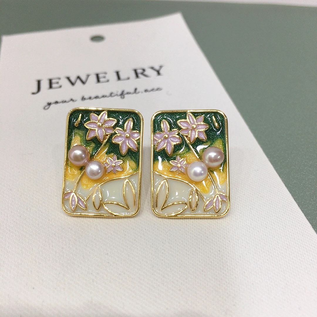 ZHBORUINI 2024 New Monet Garden Square Oil Painting Style Pearl Earrings Natural Freshwater Pearl Jewelry for Women Gift