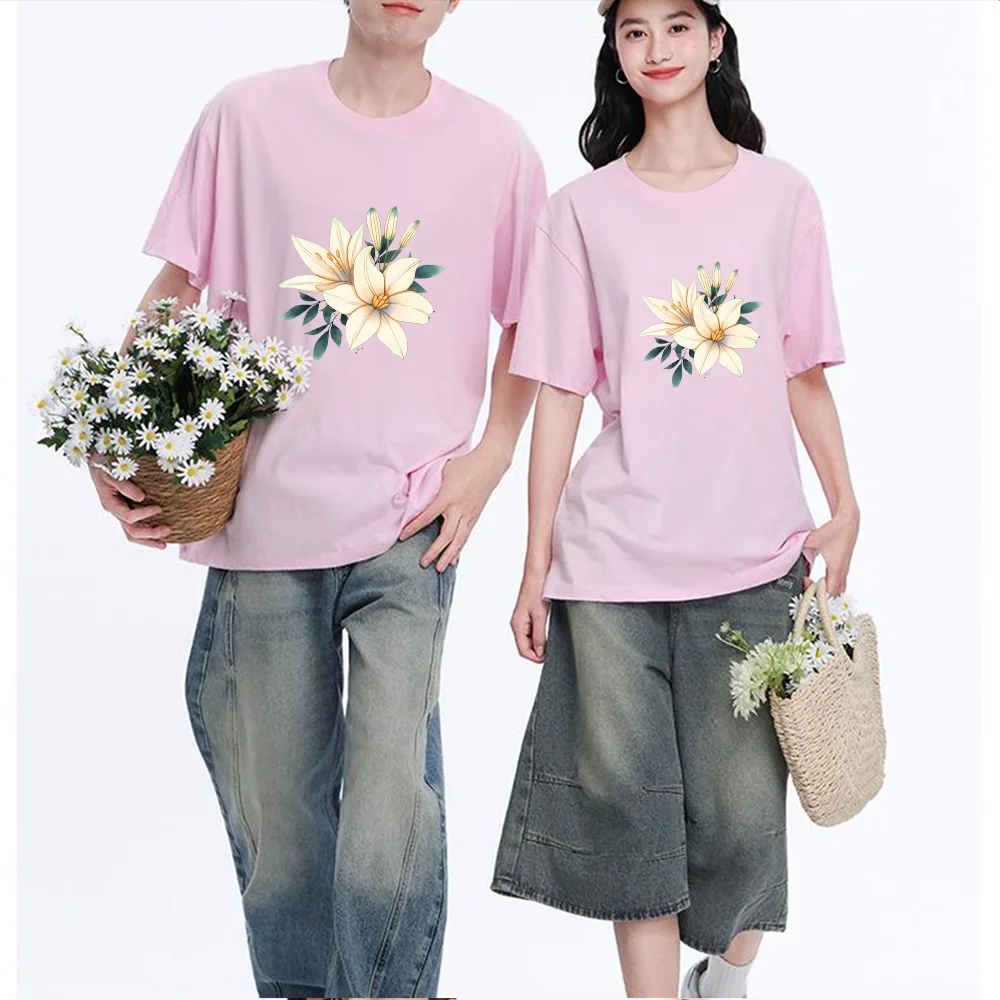 White Lily Flower Printed T Shirt Breathable Fabric S-XXL Personalized Custom Aesthetic Graphic Top Unisex Fit Casual Short Slee