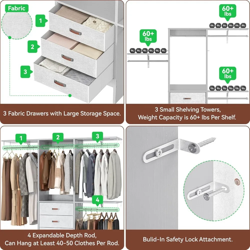 60 Inch Walk-In Closet Organizer System with 3 Adjustable Shelves and 3 Fabric Drawers for Small Spaces