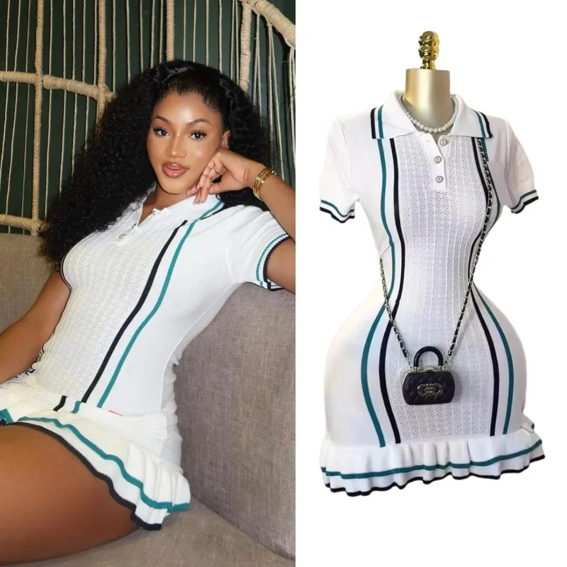 

Fashion Sexy Package Hips Knitted Mini Dress 2025 Summer Vintage Turn-down Collar Ruffled Party Dress Streetrwear