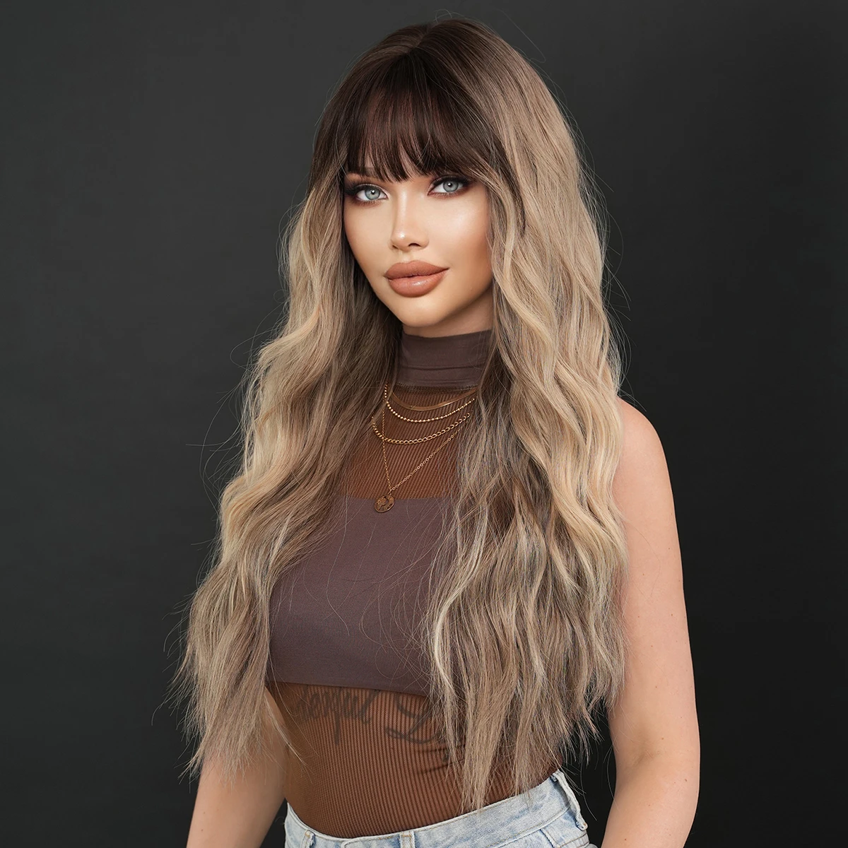 7JHH WIGS Syntetyczna luźna falowana brązowa peruka z ciemnymi korzeniami Wysoka gęstość Body Wavy Hair Peruki dla kobiet Party Halloween Costume