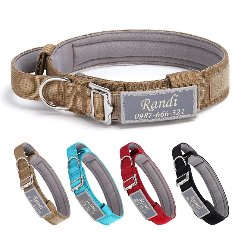 

Тактический ошейник для собак с мягкой подкладкой из нейлона, с съемной биркой для имени, регулируемый, с защитой от потери, для крупных собак, питбулей, бульдогов