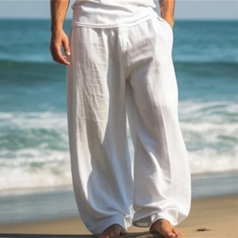 Men Double Side Pockets Loose Straight Pants Drawstring Stretch Mid Waist Long Trousers Male Daily Comfortable Casual Beach Wear